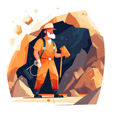 Mining industry concept vector illustration. Cartoon miner with shovel and pickaxe.の素材