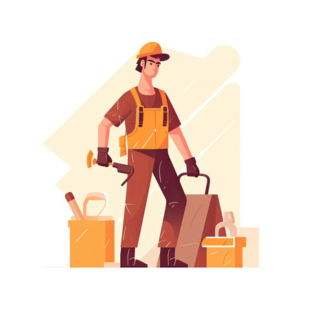 Carpenter in work clothes and hardhat with toolbox. Construction worker, handyman, handyman. vector illustration in cartoon styleの素材
