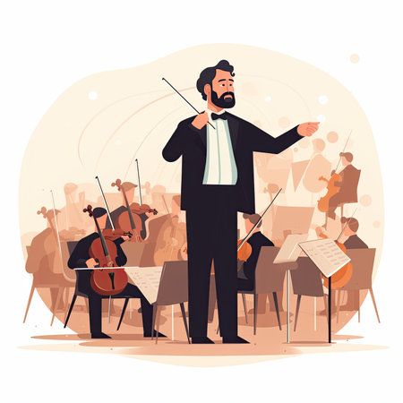 Music conductor with cell flat vector illustration. Musician and orchestra performing on stage.の素材