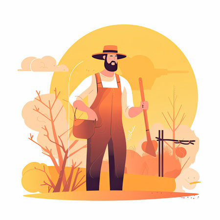 Gardener in hat and apron with shovel and pitchfork. Vector illustration in flat styleの素材
