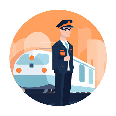 Postman in uniform on the background of train station. vector illustrationの素材