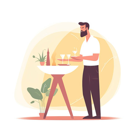 Restaurant waiter serving food to customer. Vector illustration in flat styleの素材