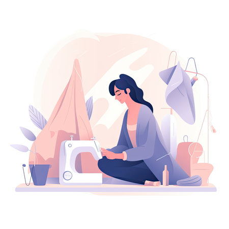 Tailor seamstress working on sewing machine. Sewing process. Vector flat illustration.の素材