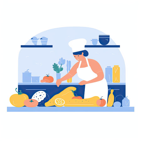 Cooking woman in the kitchen. Vector illustration in flat style.の素材
