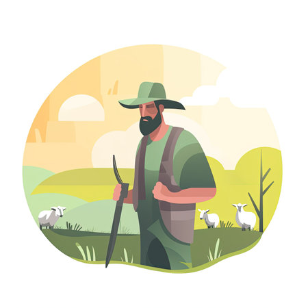 Farmer with a scythe in the field. vector illustration.の素材