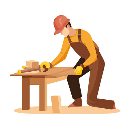 Carpenter working on wooden table. Vector illustration in flat styleの素材