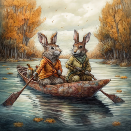 Rabbits in a boat on the lake. digital painting.の素材