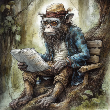 Monkey reading a book in the forest. watercolor painting.の素材