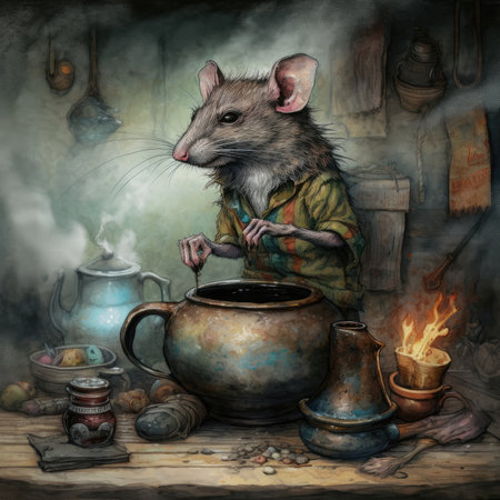 Cute rat in a vintage kitchen with a pot of boiling waterの素材