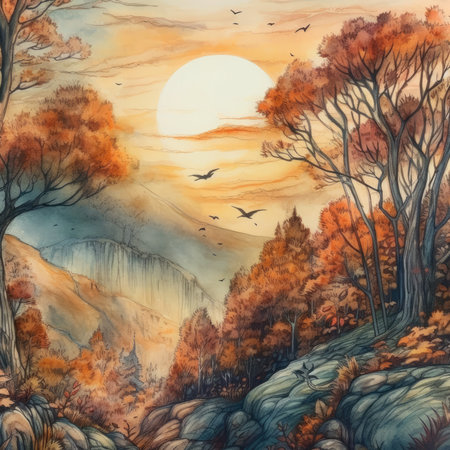 Autumn landscape with trees and full moon. watercolor painting.の素材