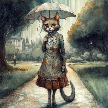 Fantasy portrait of a cat with an umbrella in the rain.の素材