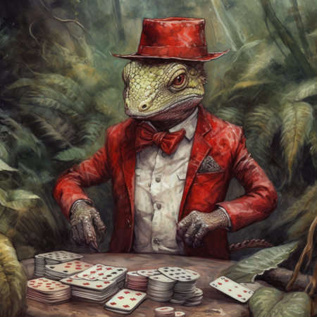 Illustration of an old man in a red suit playing poker.の素材