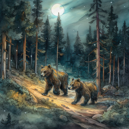 Digital painting of two brown bears in the forest by night with moonの素材