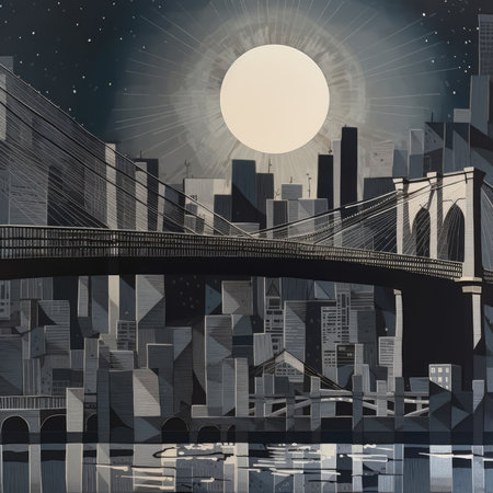 Illustration of Brooklyn Bridge and New York City in the Night.の素材