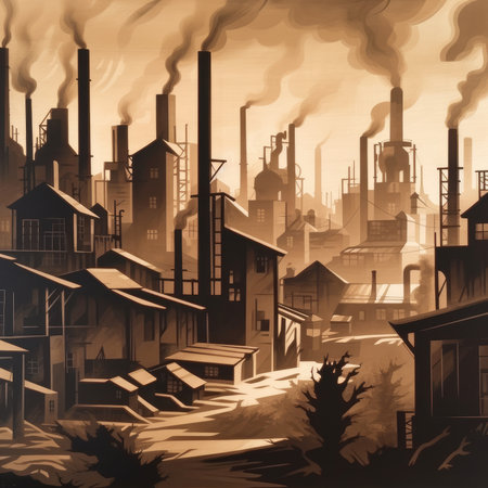 Industrial landscape with smokestacks and smoking chimneys.の素材