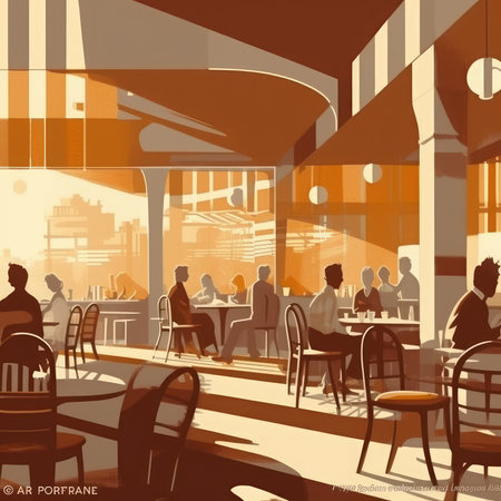 Restaurant interior with people silhouettes. Vector illustration in retro styleの素材