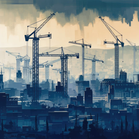 Industrial landscape with cranes and silhouettes of the city.の素材