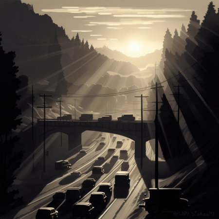 Silhouette of highway in the misty morning. vector illustrationの素材