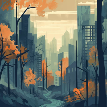 Autumn cityscape with trees and river. Vector illustration in flat styleの素材