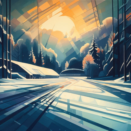 Winter landscape with trees, snow and sun. 3d illustration.の素材