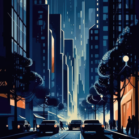 Night city street with cars and skyscrapers. vector illustration.の素材