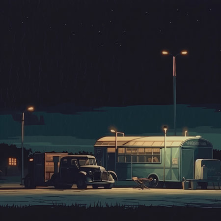 Illustration of a night city street with a car and a trailerの素材