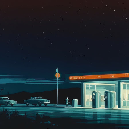 Illustration of a gas station on the background of the night skyの素材