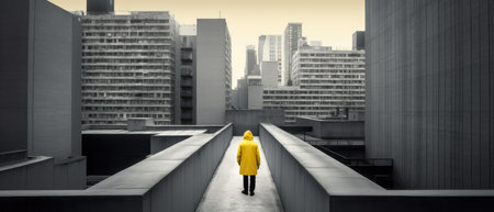 Man in yellow raincoat standing on the edge of a modern building brutal architecture landscapeの素材