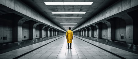 Woman in yellow raincoat walking in modern underground passage. 3D rendering brutal architecture landscapeの素材