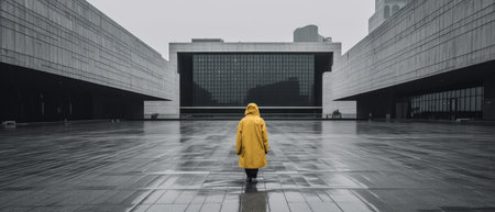 Woman in a yellow raincoat walking in front of a modern building brutal architecture landscapeの素材