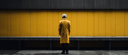 Rear view of senior man in yellow raincoat standing against yellow wall, brutal architecture landscapeの素材