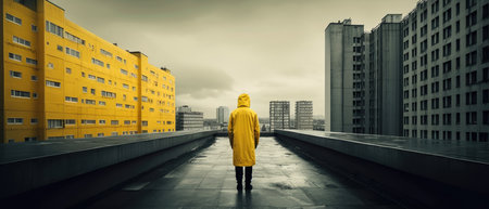 Man in yellow raincoat standing on the edge of a modern building, brutal architecture landscapeの素材