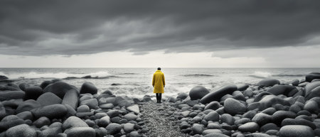 Man in yellow raincoat walking on a stone path to the ocean brutal architecture landscapeの素材