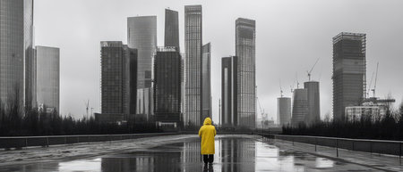 A man in a yellow raincoat stands in front of the modern skyscrapers. brutal architecture landscapeの素材