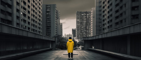 Man in a yellow raincoat and raincoat walking in the city, brutal architecture landscapeの素材