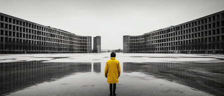 Unrecognizable man in yellow raincoat standing in front of modern building brutal architecture landscapeの素材