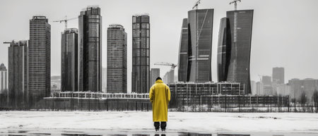 Man in yellow raincoat standing in front of skyscrapers. brutal architecture landscapeの素材