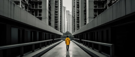 A man in a yellow raincoat walking in a modern city. brutal architecture landscapeの素材
