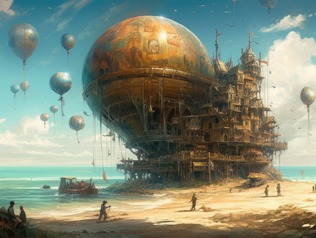 Fantasy landscape with flying ship and hot air balloons. 3d illustration Fantasy Steampunk landscapeの素材