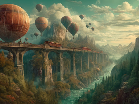 Hot air balloons flying over the bridge. 3D render illustration. fantasy steampunk landscapeの素材
