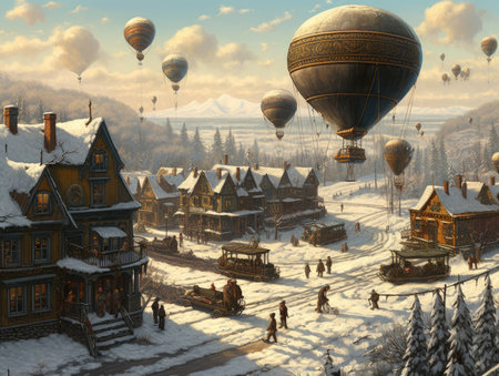 Hot air balloons fly over a village in winter. 3d illustration Fantasy Steampunk landscapeの素材