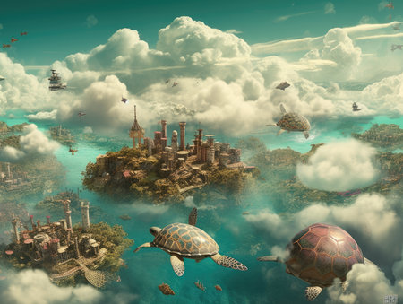 Turtles on the island floating in the sea. 3d render Fantasy Steampunk landscapeの素材