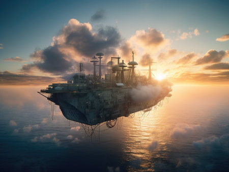 Oil Rig in the sea at sunset. 3D rendering. fantasy steampunk landscapeの素材