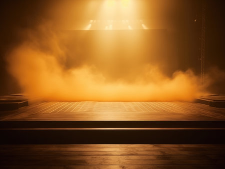 Empty wooden stage with smoke and spotlights. Mockup, 3D Renderingの素材
