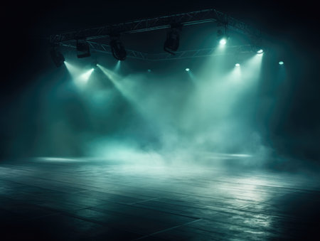 Stage lights on a dark background with smoke and fog. lighting equipment.の素材