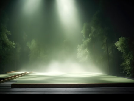 Empty stage in the dark forest with fog. 3D Renderingの素材