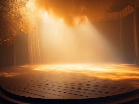 Empty wooden floor in the dark with smoke and fog. 3d renderingの素材