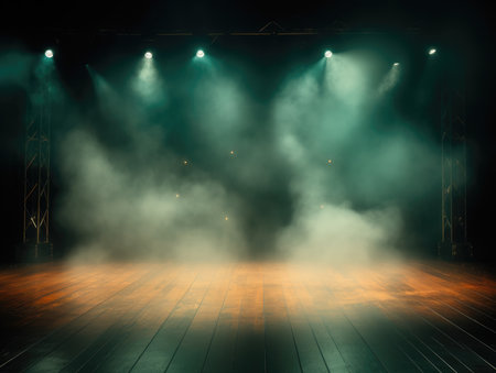 Empty stage with smoke and spotlights, Stage Spotlight on stage backgroundの素材