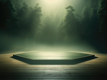 Wooden platform in the forest with fog, 3d render.の素材