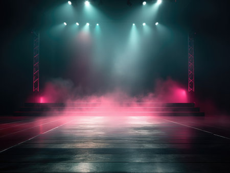 Empty stage with neon lights and smoke. Mockup, 3D Renderingの素材